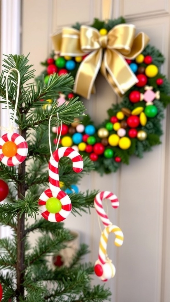Colorful DIY candy ornaments and wreaths for Christmas decorations.